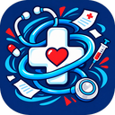 Hippocratic Chaos logo: a white medical cross with a red heart, wrapped in a blue stethoscope.